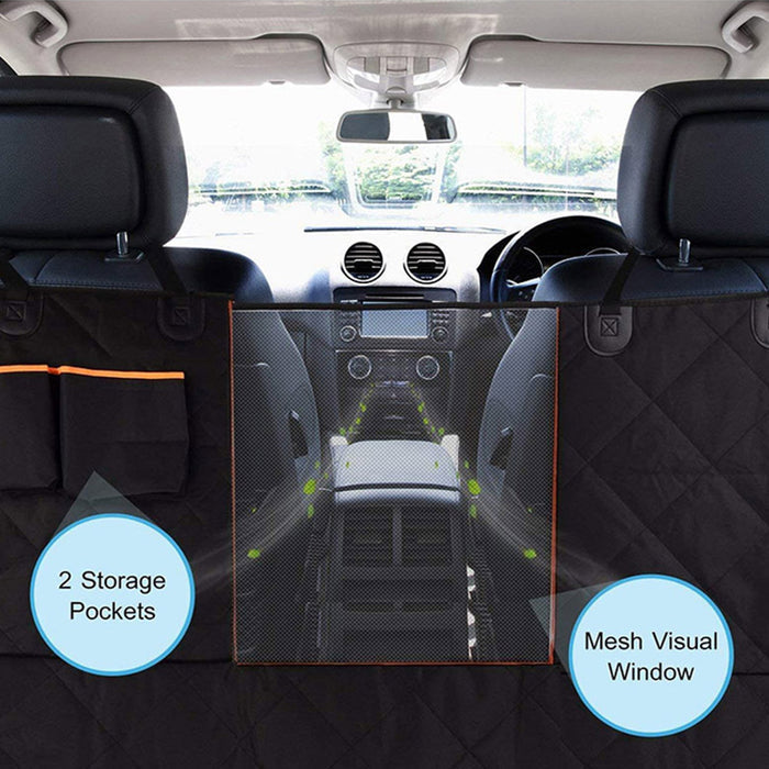 Waterproof car seat cover in black with orange accents, featuring two storage pockets and a mesh visual window.