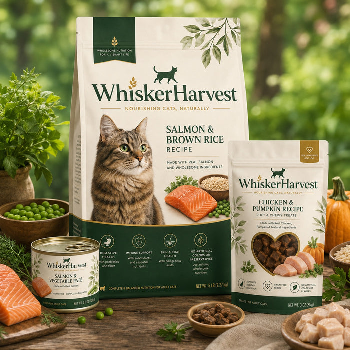 WhiskerHarvest Salmon & Brown Rice cat food bag in green, with salmon, rice, and a cat in a natural setting.